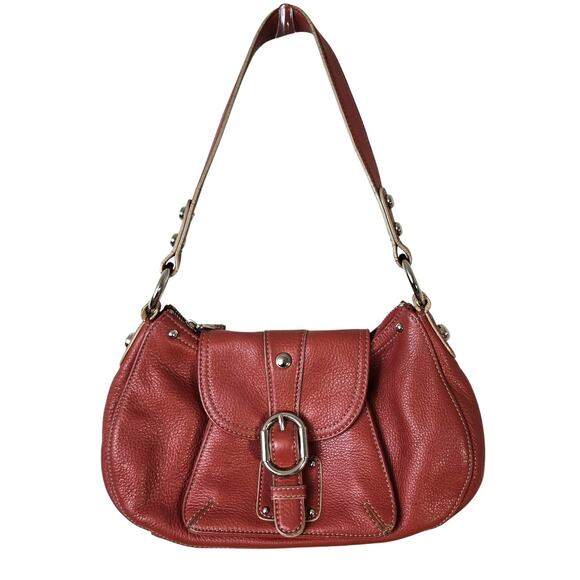 B Makowsky Shoulder Bag Rust Orange Pebbled Leather Silver Leopard Lining READ - Picture 1 of 16